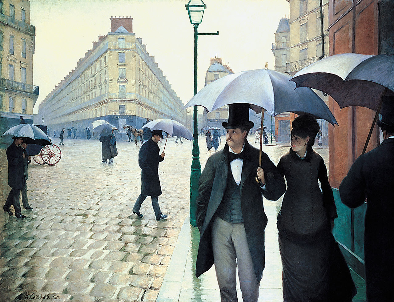 Picture of people walking on the street in Paris wearing umbrella - 1877