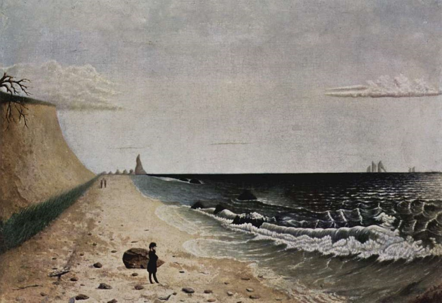 Man in black suit and hat is waiting on the beach by the ocean - 1850