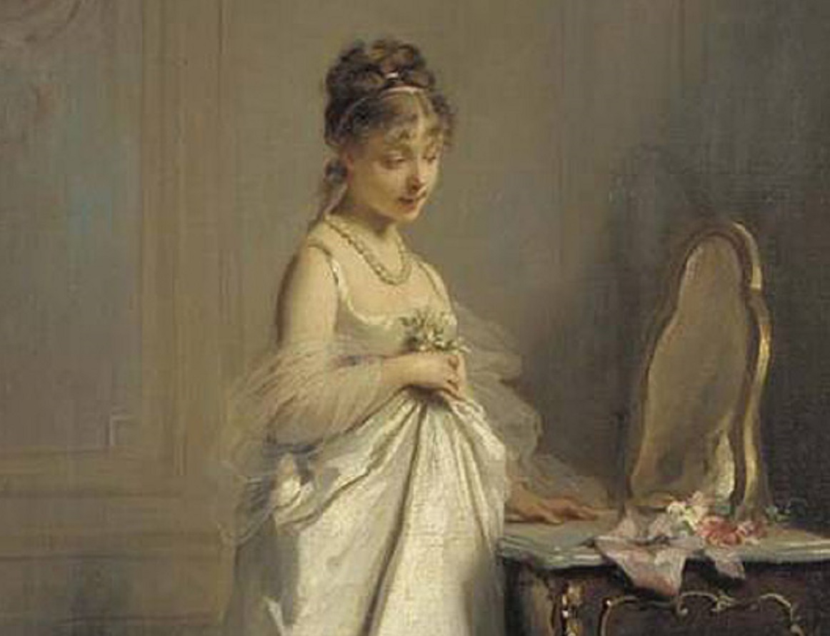 Painting of woman wearing white dress standing in front of a mirror - circa 1825 - 1925