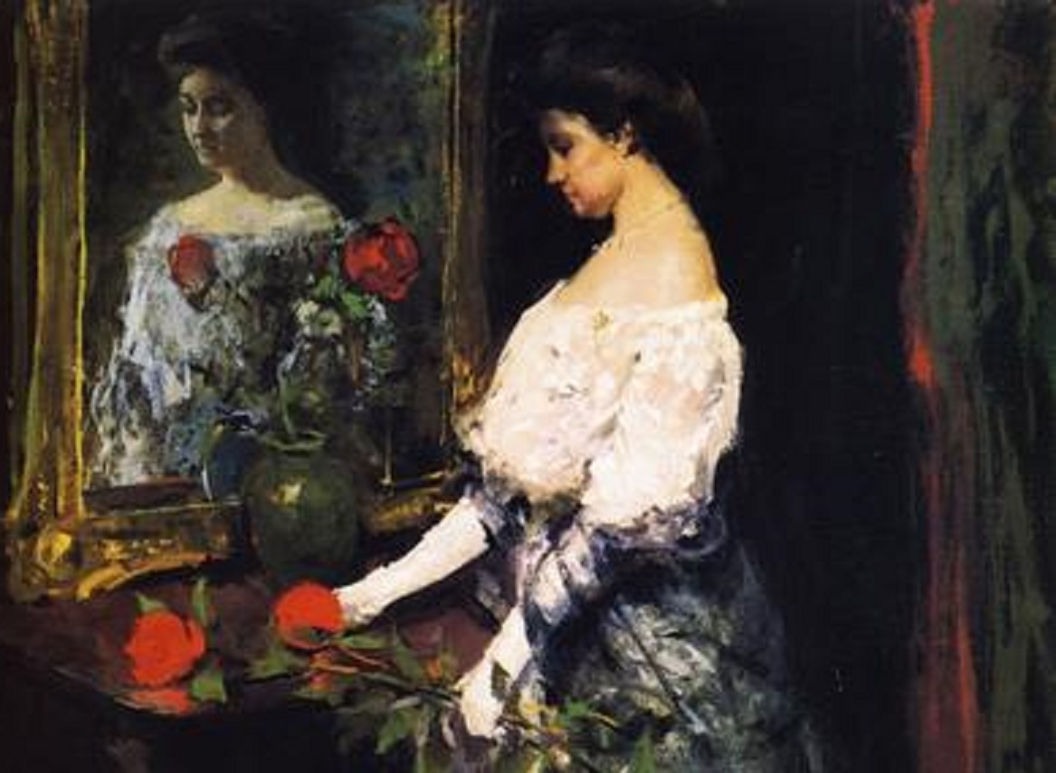 Painting of woman wearing white dress and looking at mirror - circa 1880
