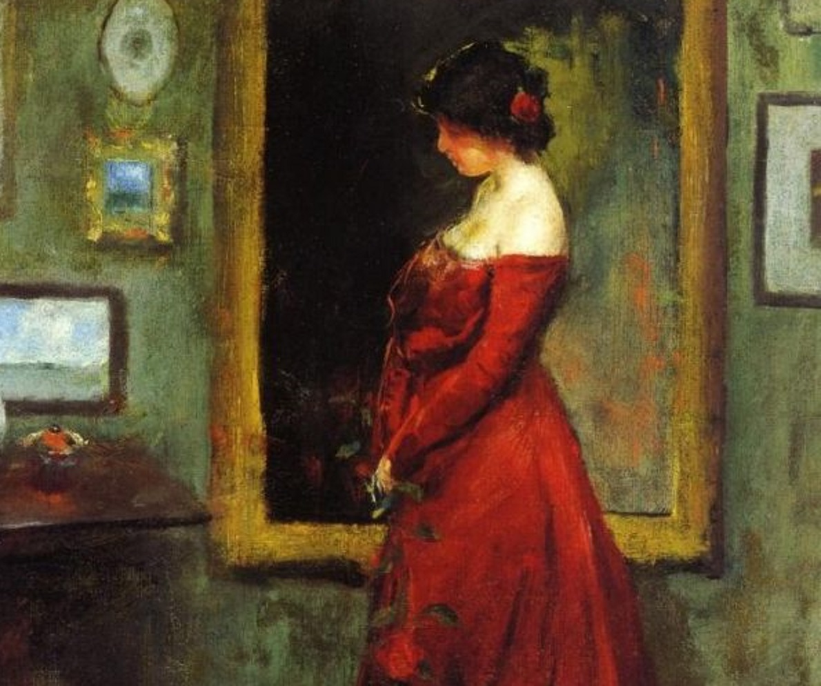 Painting of woman wearing red dress looking at side - 1905