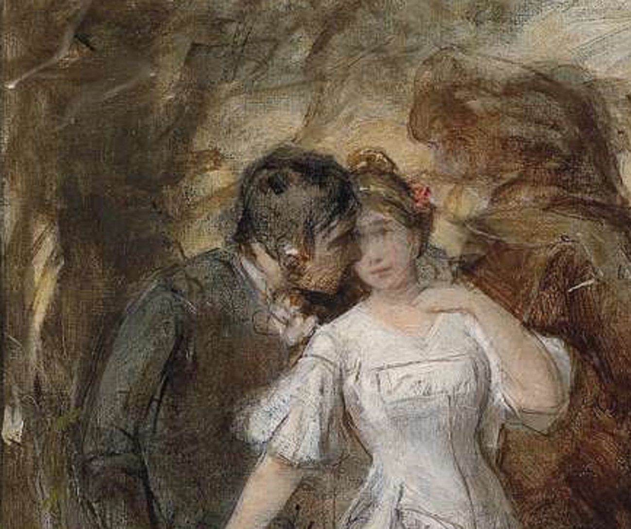 Portrait art painting man wearing black suit is taking with a woman in white dress - 1850