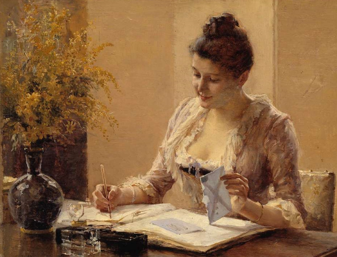 Painting of woman writing a letter and holding a envelope on her desk - 1887