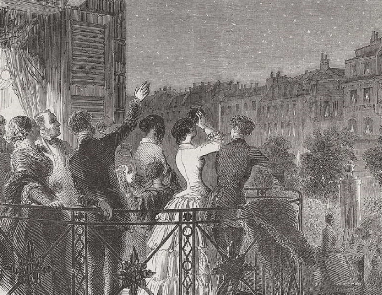 B&W illustration of People on balconies in Paris - 1853