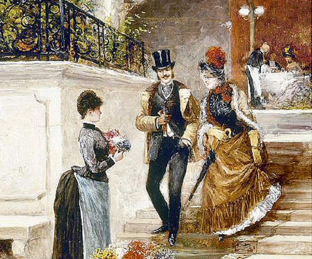 Painting of couple walking of restaurant and talking  - 1850