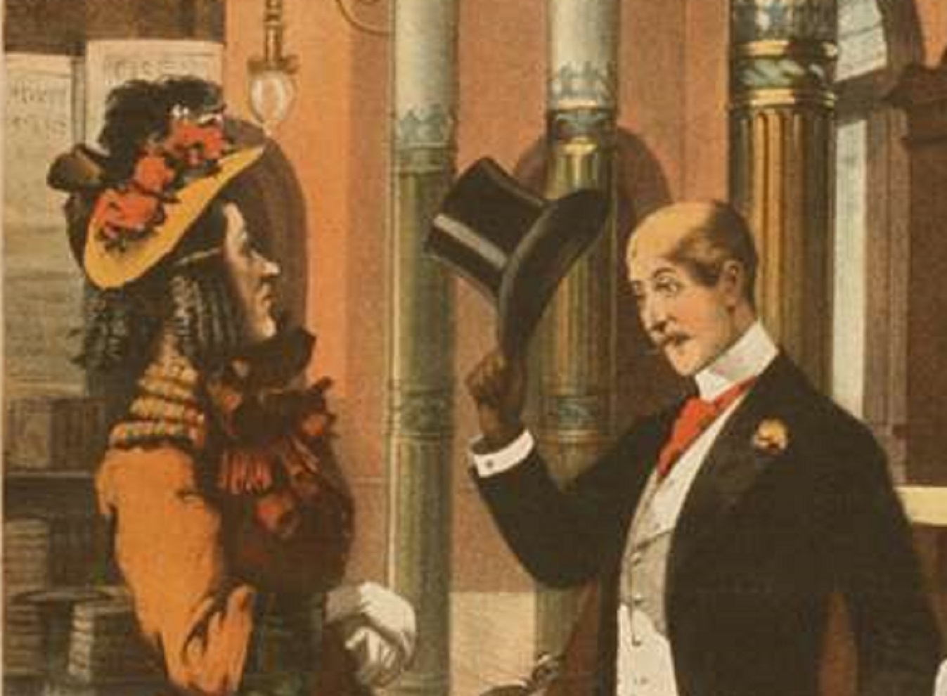 Poster of woman talking with a man wearing black suit - 1897