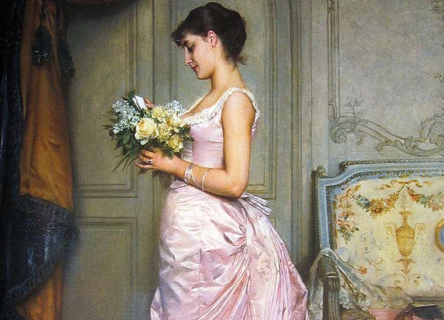 Painting of woman wearing pink dress - 1883