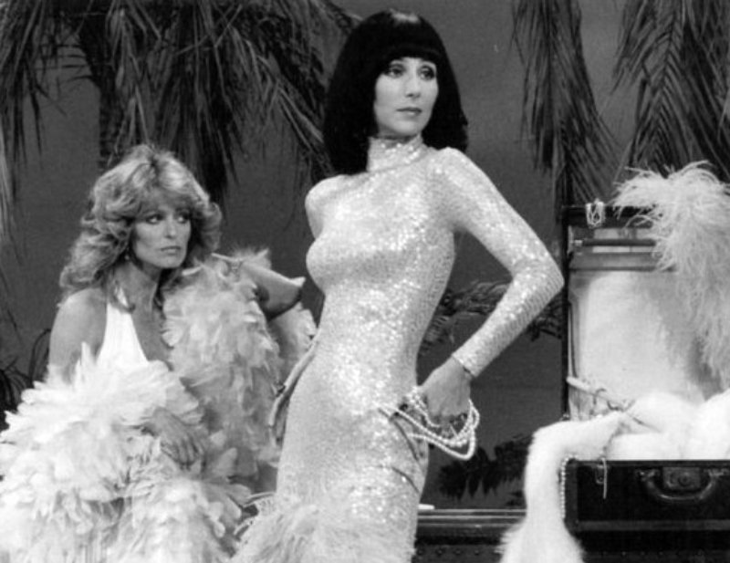 Photo of Farrah Fawcett and Cher in white dresses