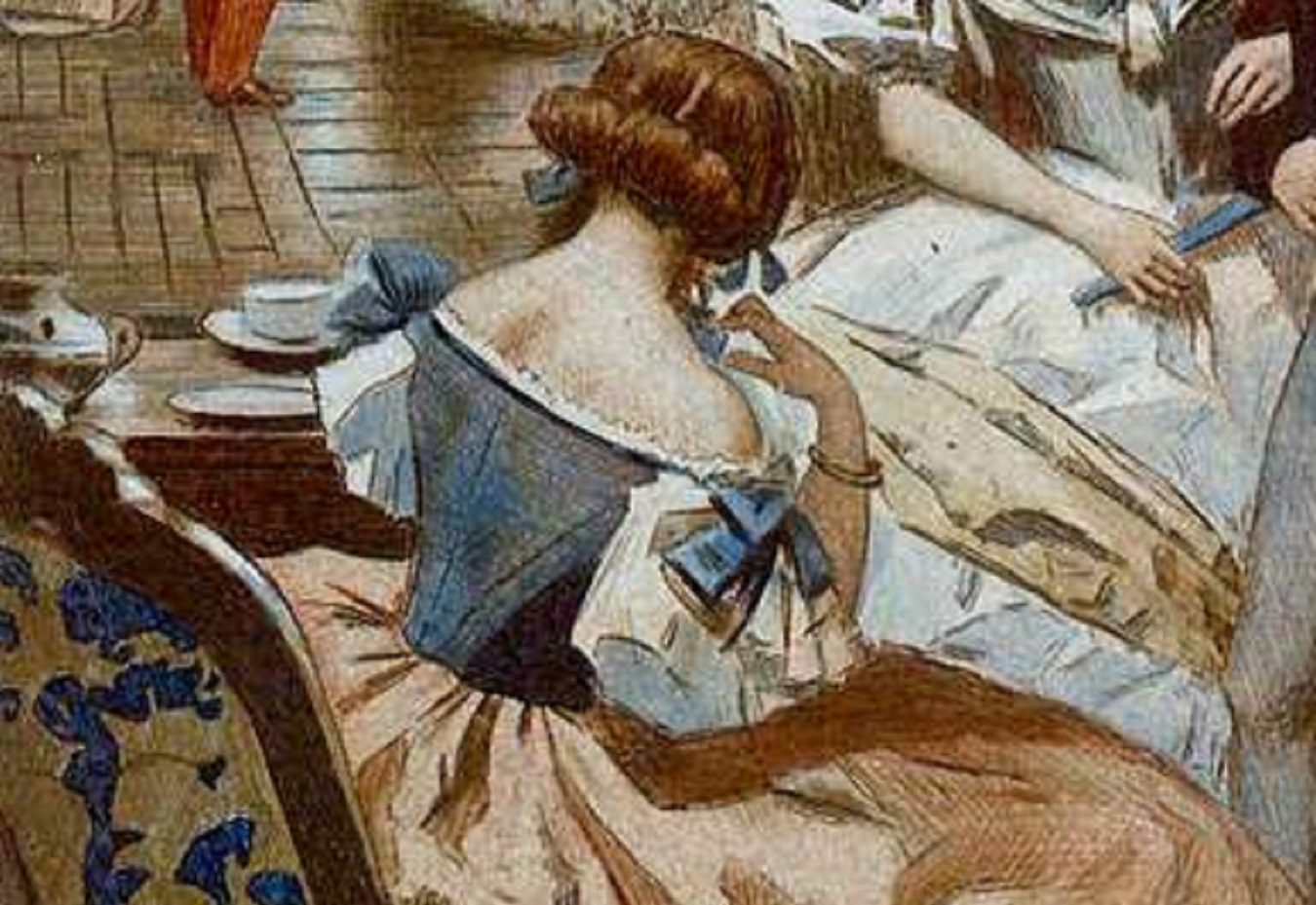 Painting of a elegant woman seating with her turned back - 1850