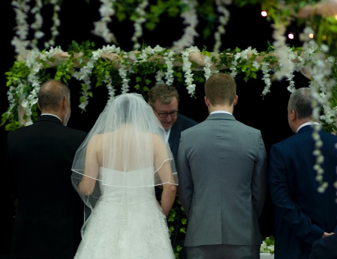 Bride and groom at wedding ceremony.