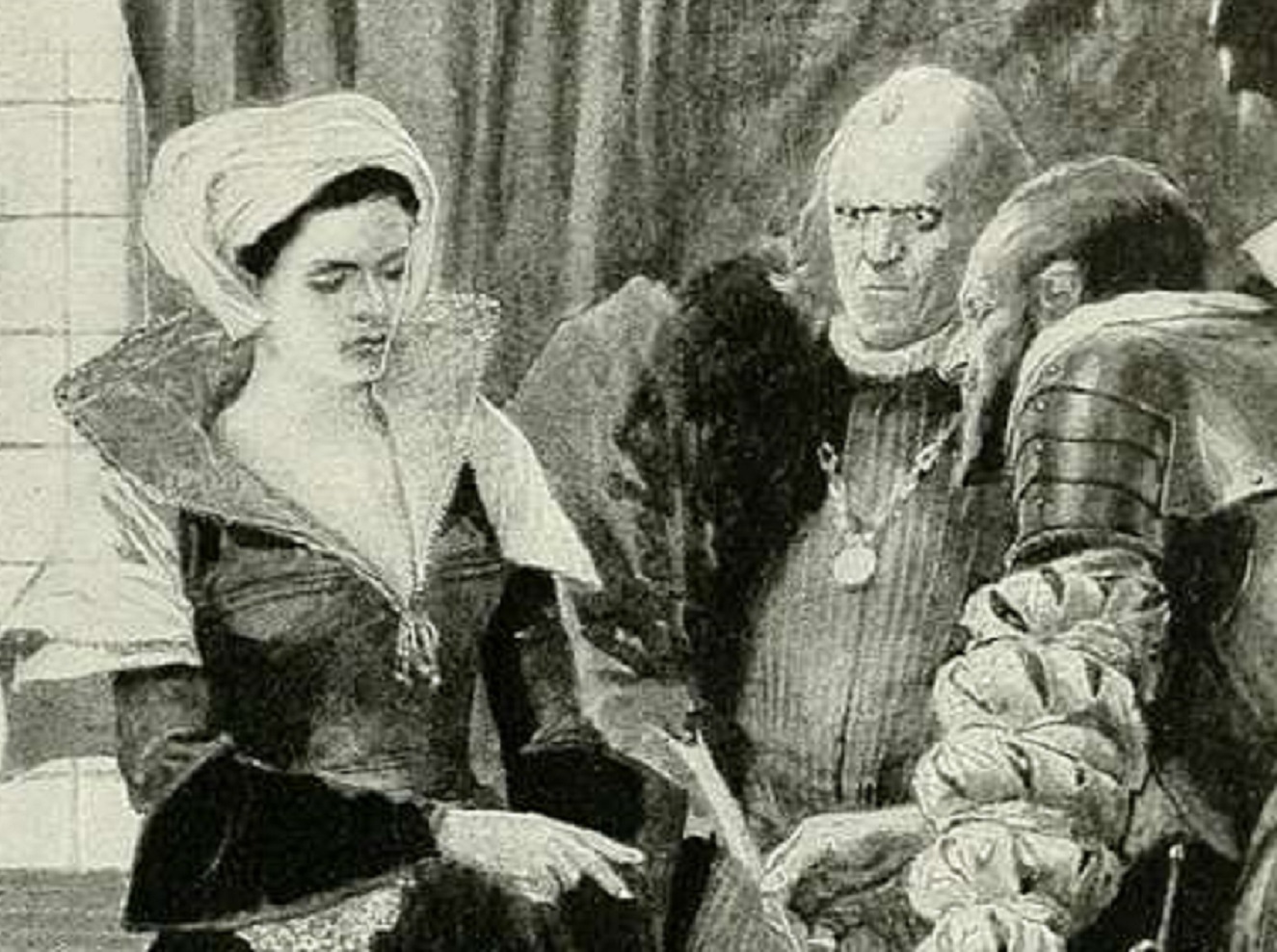 B&W image of woman talking with two man - 1910