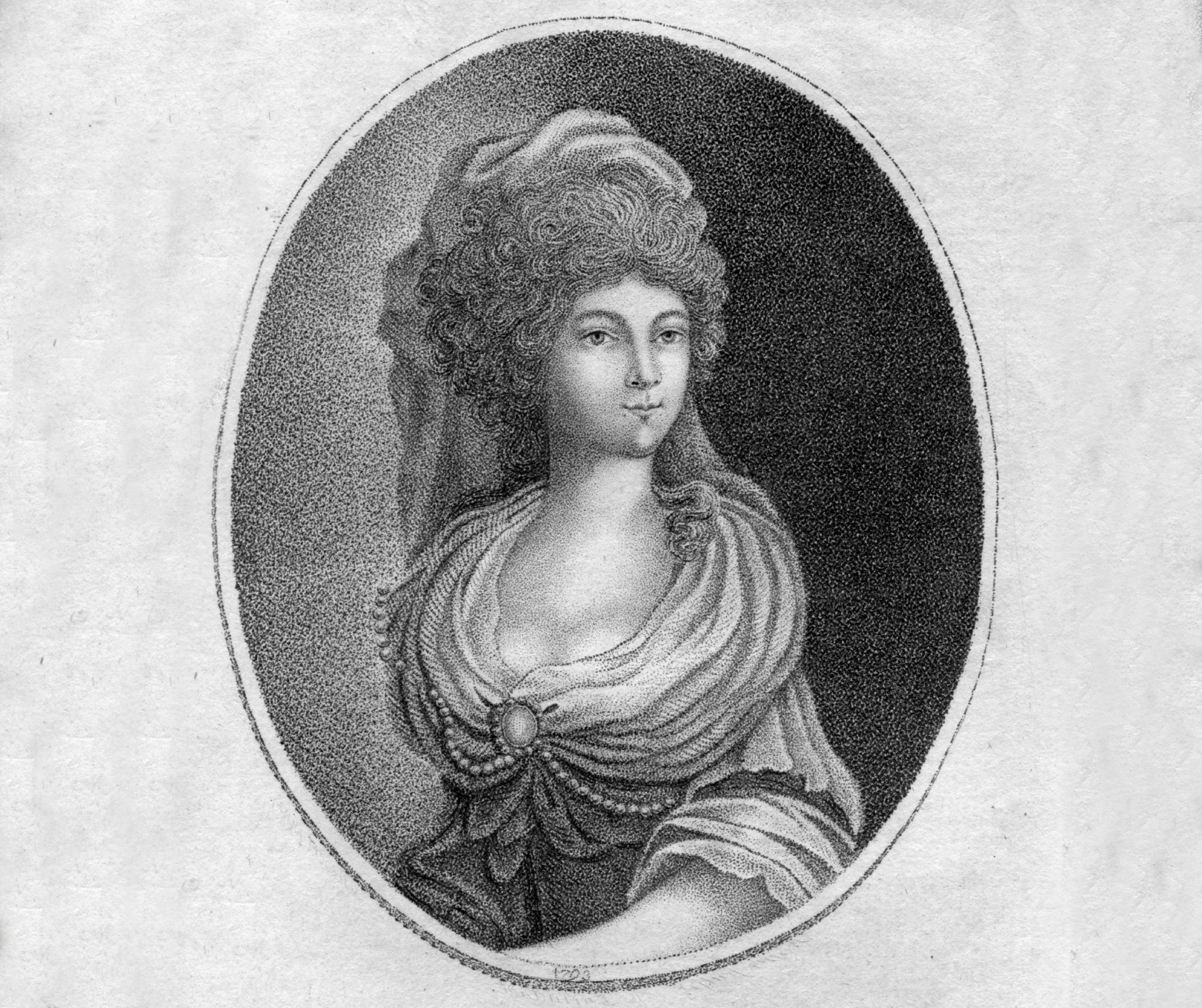 Black and white portrait of Frederica of Mecklenburg-Strelitz wearing dress with pearls