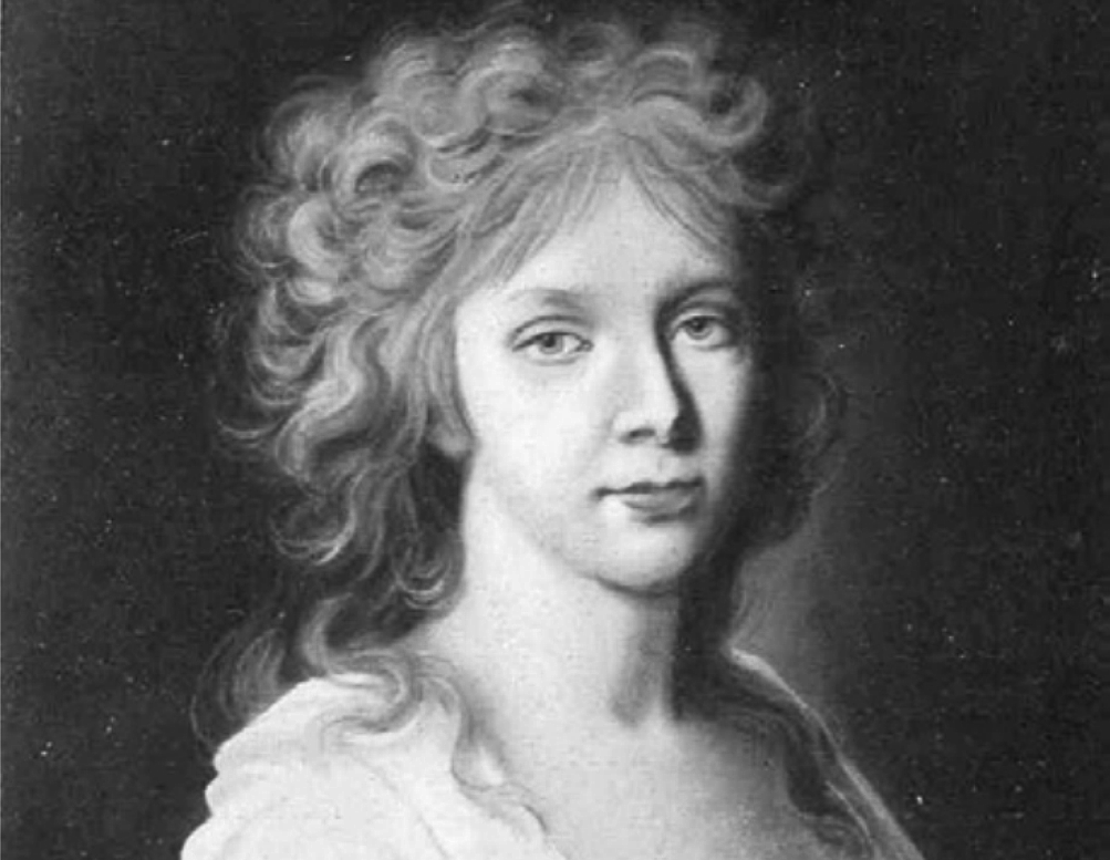 Black and white Portrait of Sophie Friederike Karoline of Mecklenburg-Strelitz in white dress