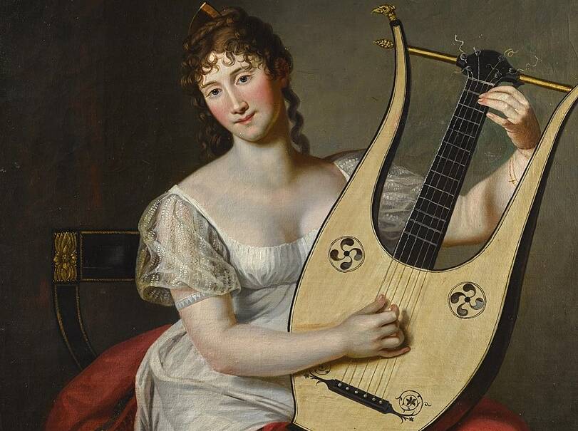 Portrait of Federica von Mecklenburg-Strelitz in white dress playing