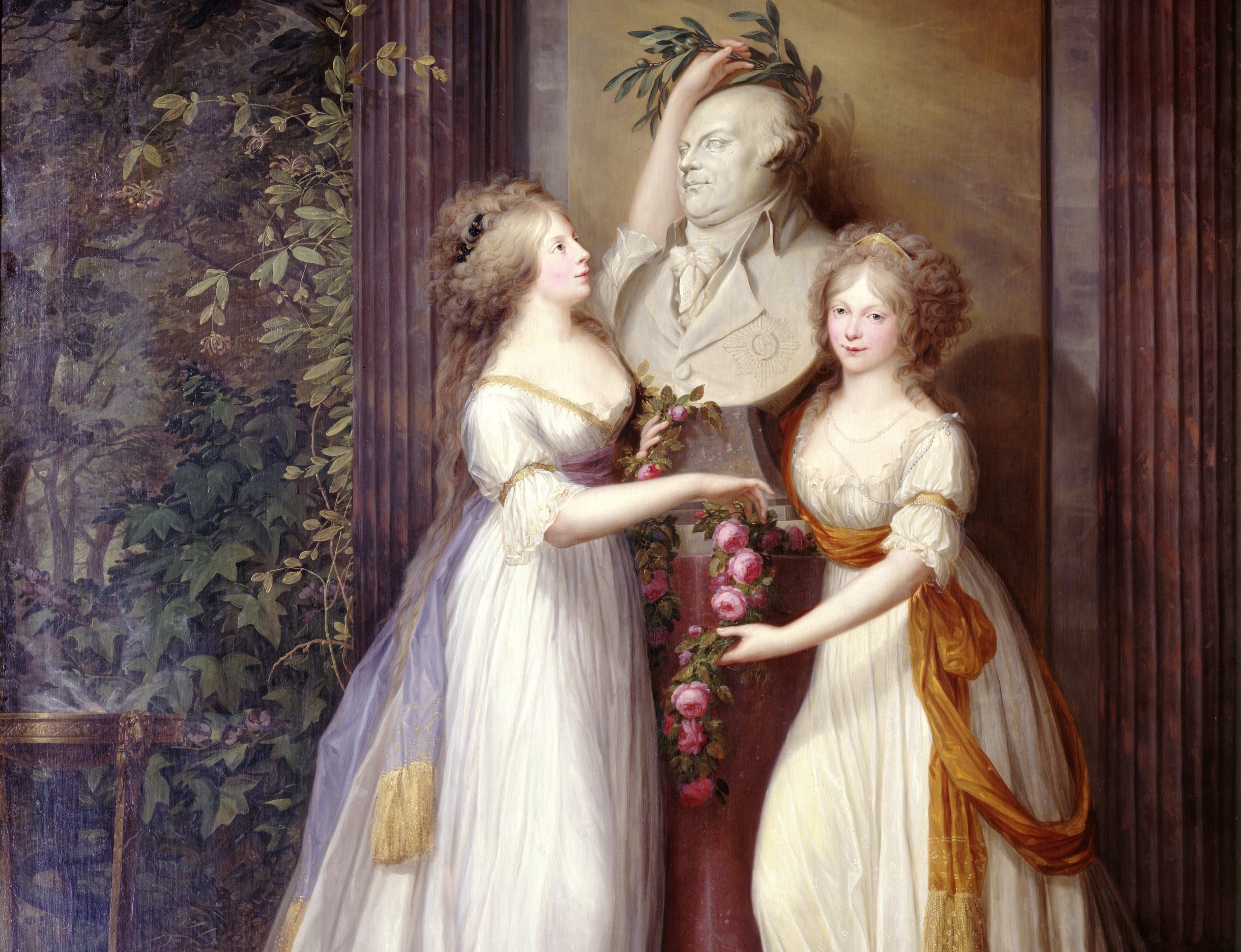 Painting of Louise and Frederica of Mecklenburg-Strelitz at the bust of Friedrich Wilhelm II.