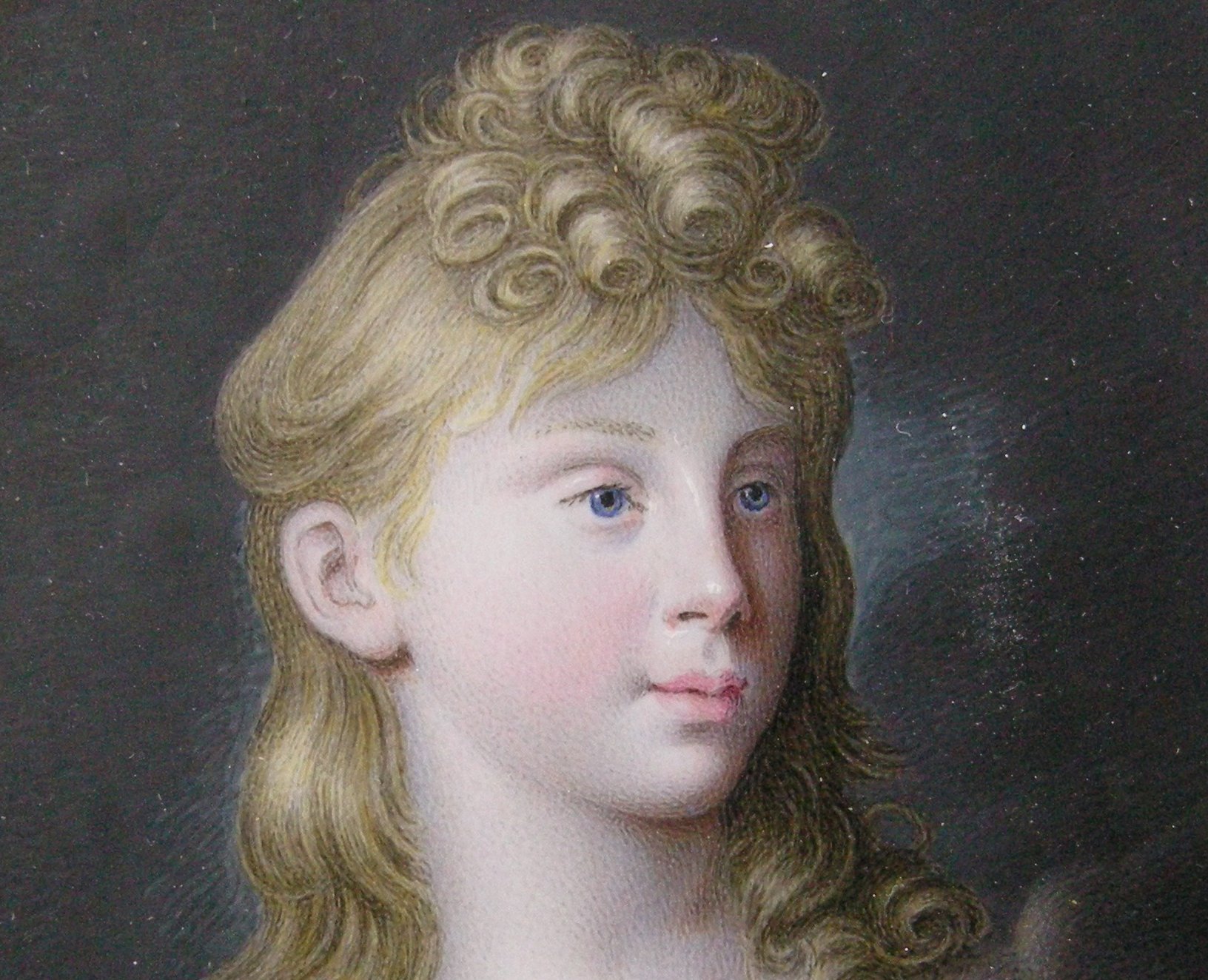 Portrait of Frederica of Mecklenburg-Strelitz  with long curly hair behind her right ear