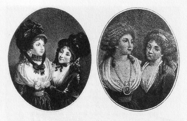 black and white portrait of : Princess Luise von Mecklenburg-Strelitz and her sister Frederica of Mecklenburg-Strelitz wearing similar clothes