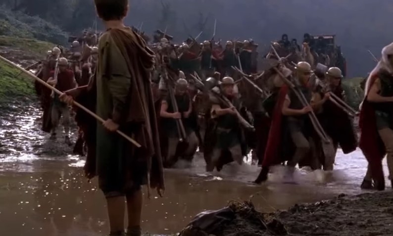 Roman soldiers  crossing a river