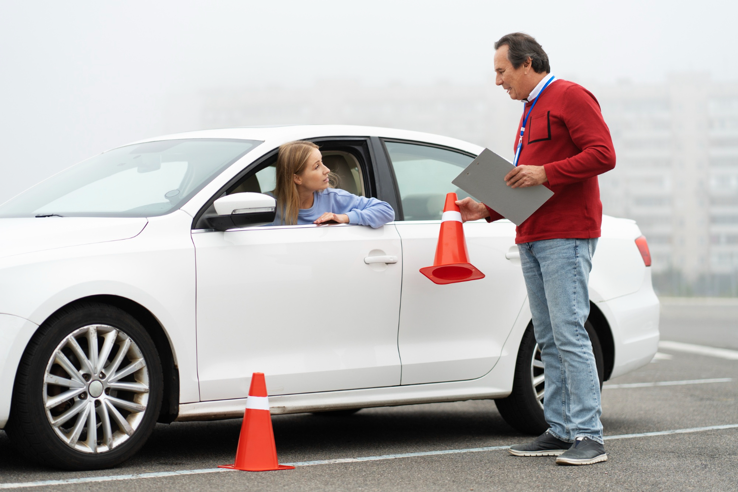 Woman is taking a driver's license exam with driving instructor watching from outside.