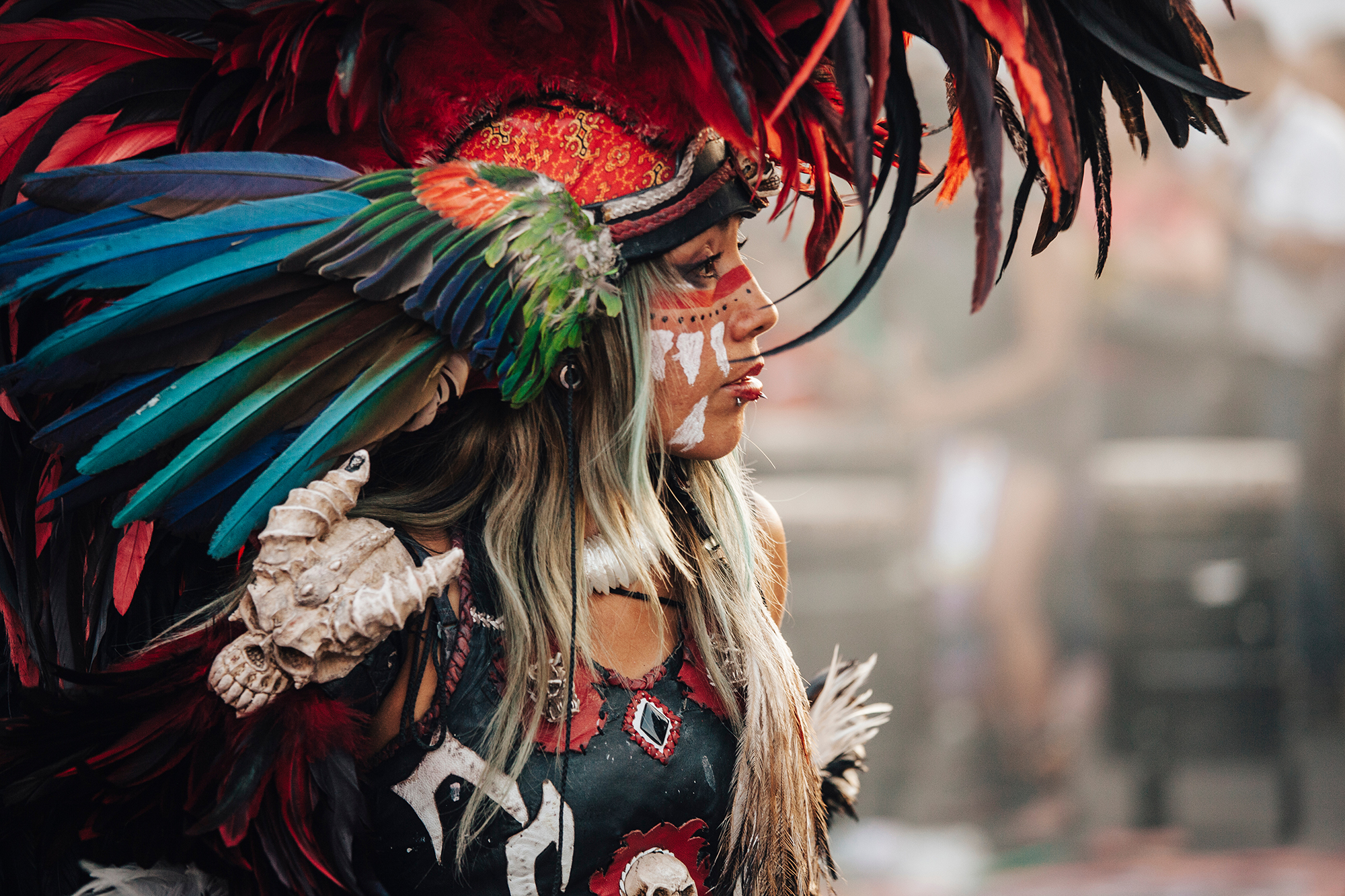 Mexico City, Mexico - Decembre 22, 2017: Aztec dancers dancing in the Zocalo in Mexico City, DF, Mexico.