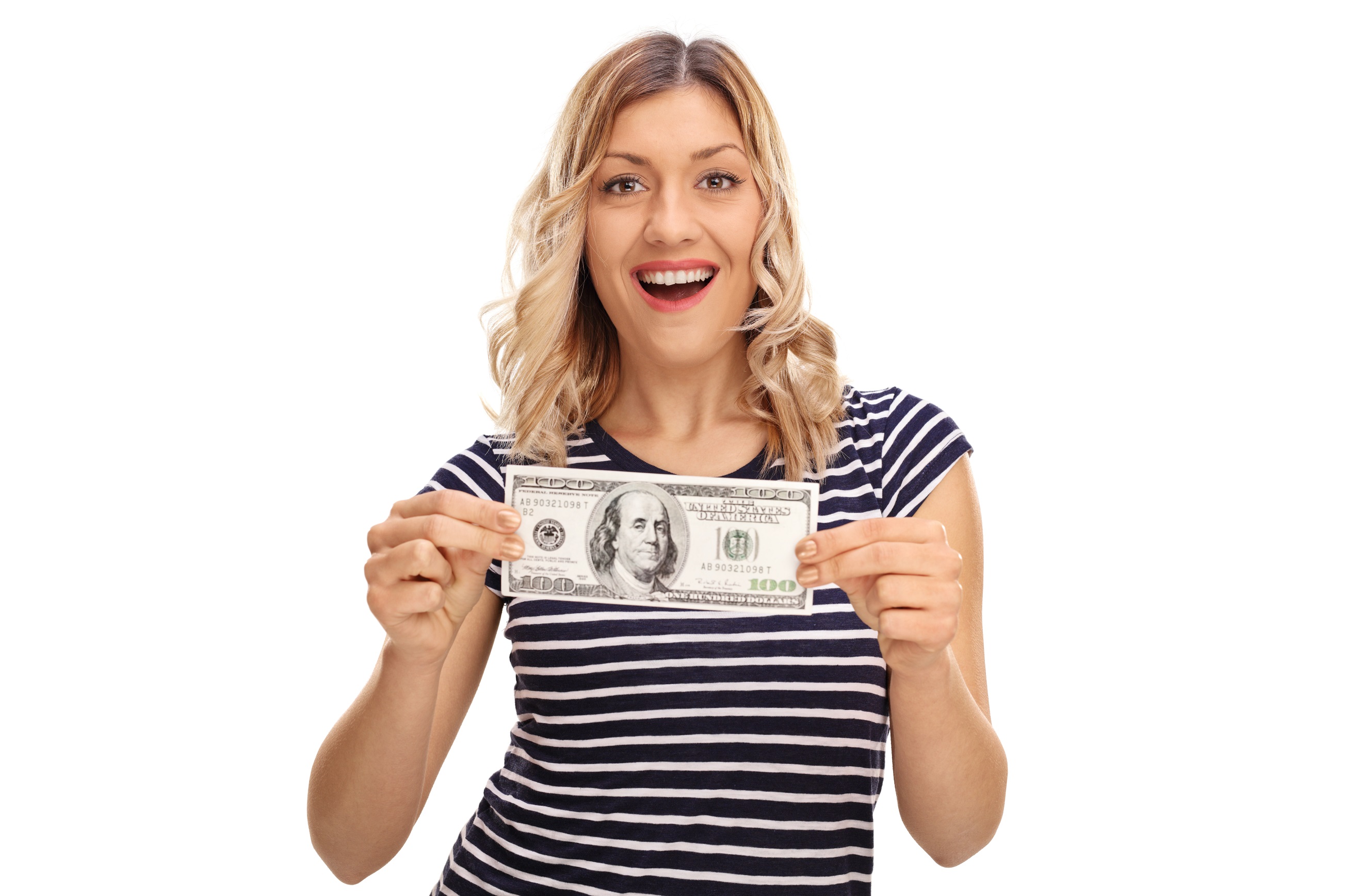Happy woman holding a hundred dollar bill.