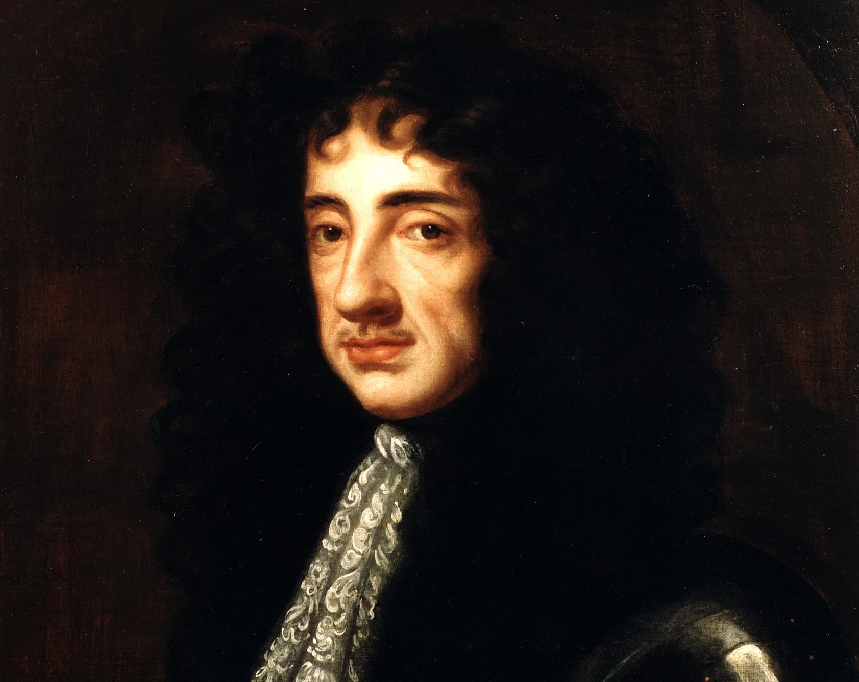 Portrait of of Charles II of England with long hair wearing black armor - 1670s