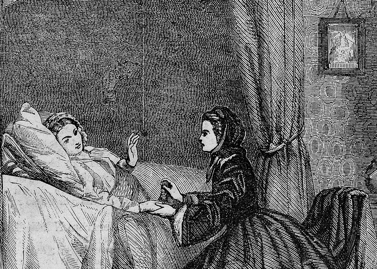 Wood engraving - wealthy woman visiting the sick woman in bed.