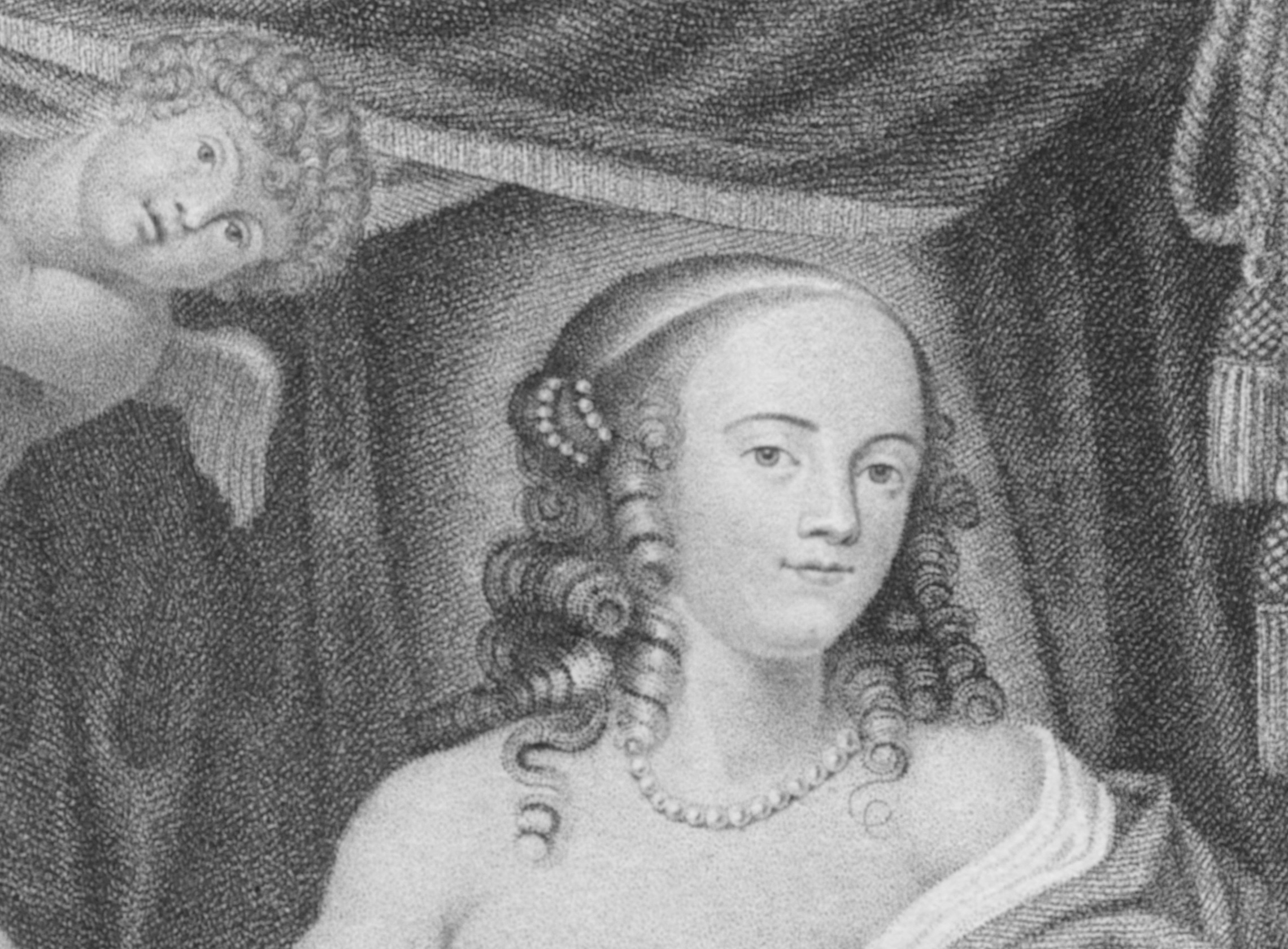 Engraved portrait of Lucy Walter, mistress of King Charles II of England, reclining on a bed - circa 1640