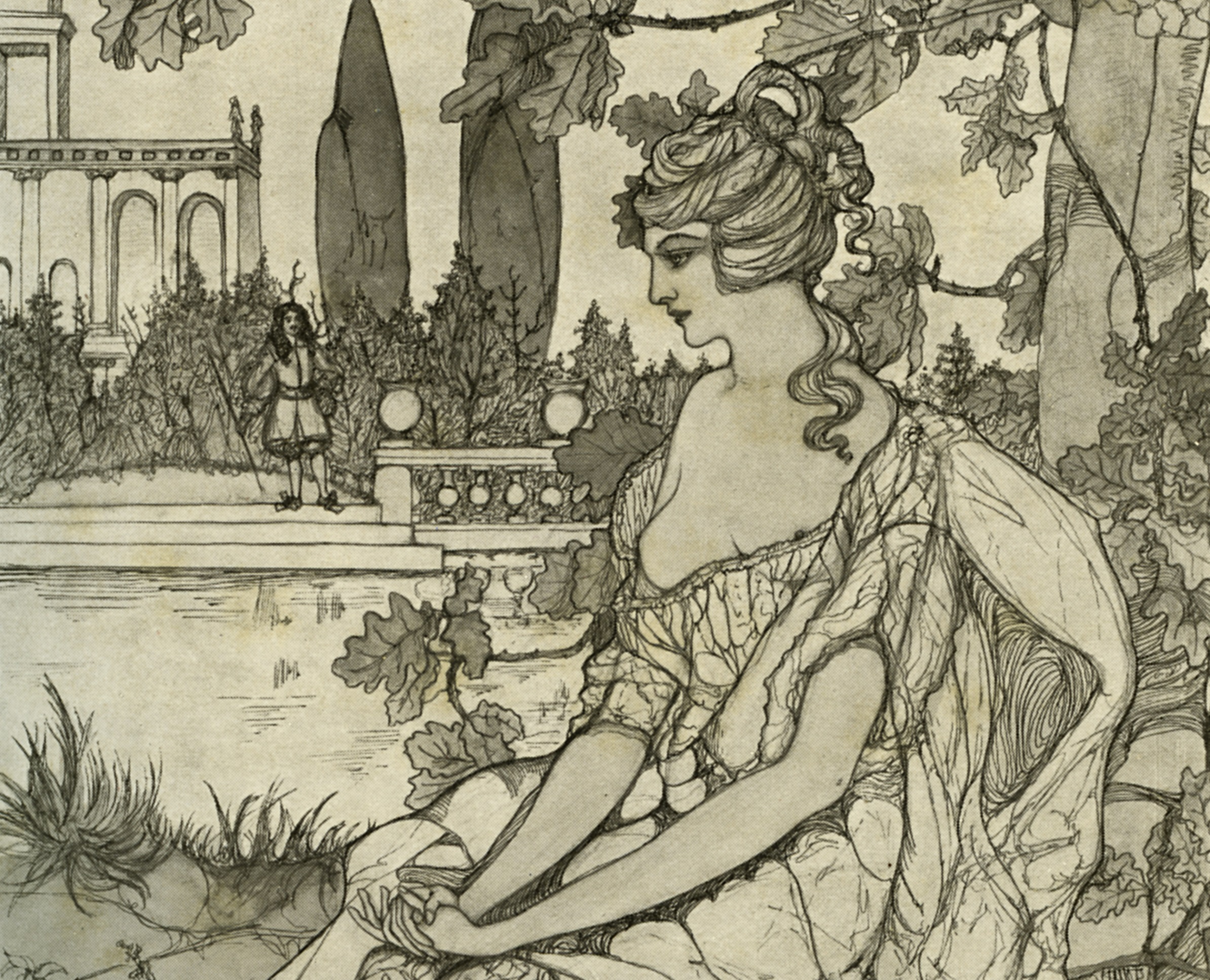 B&W image of Lucy Walter seating outside - mistress of King Charles II of England - 1754