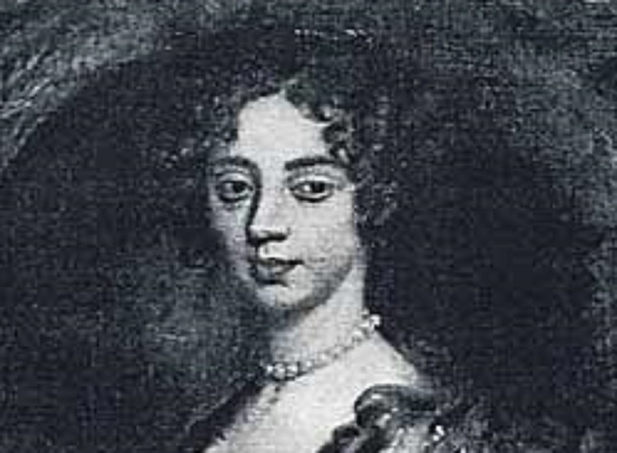B&W portrait of Lucy Walter looking forward - mid 17th century