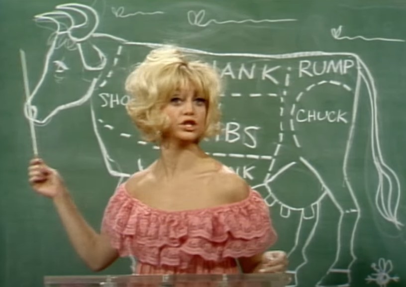 Goldie Hawn in Rowan & Martin's Laugh-In showing at a cow drawing on a board