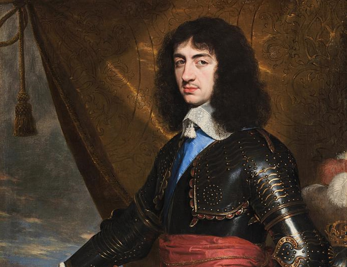 Portrait of Charles II of England with long hair and black armor looking at front - after 1653