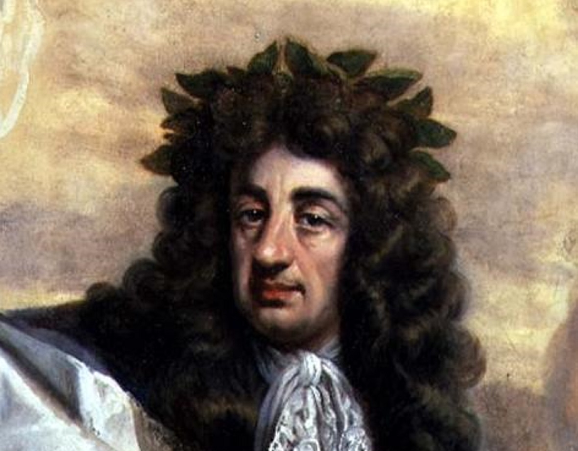 Painting portrait of King Charles II with long messy hair looking at front - 1684