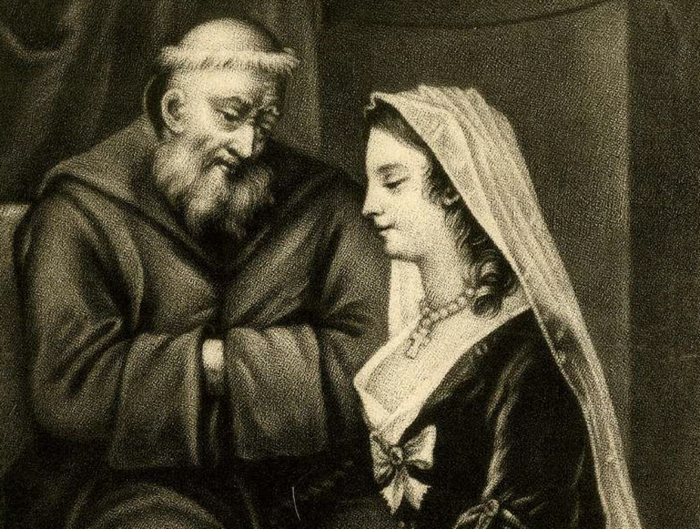 B&W image of woman confesses to a bearded priest who sits on the left and listening - 1850