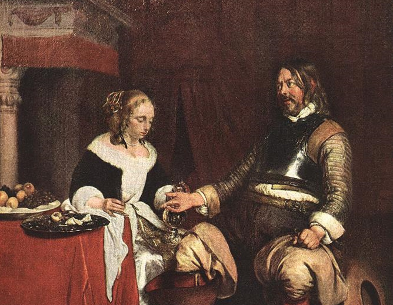 Painting of man and woman wearing vintage clothes seating by the table and talking - 1662/63