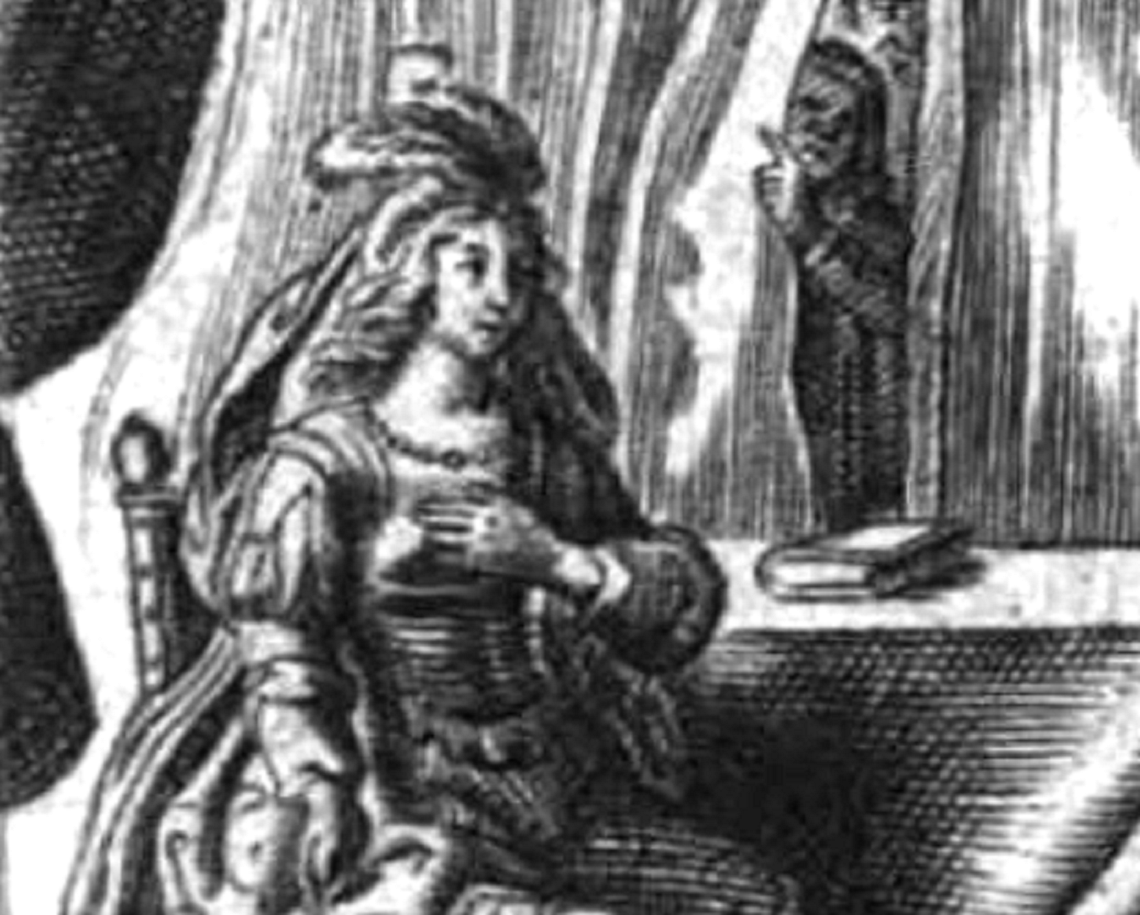 Engraving image of woman seating on chair beside table wearing dress - 1645