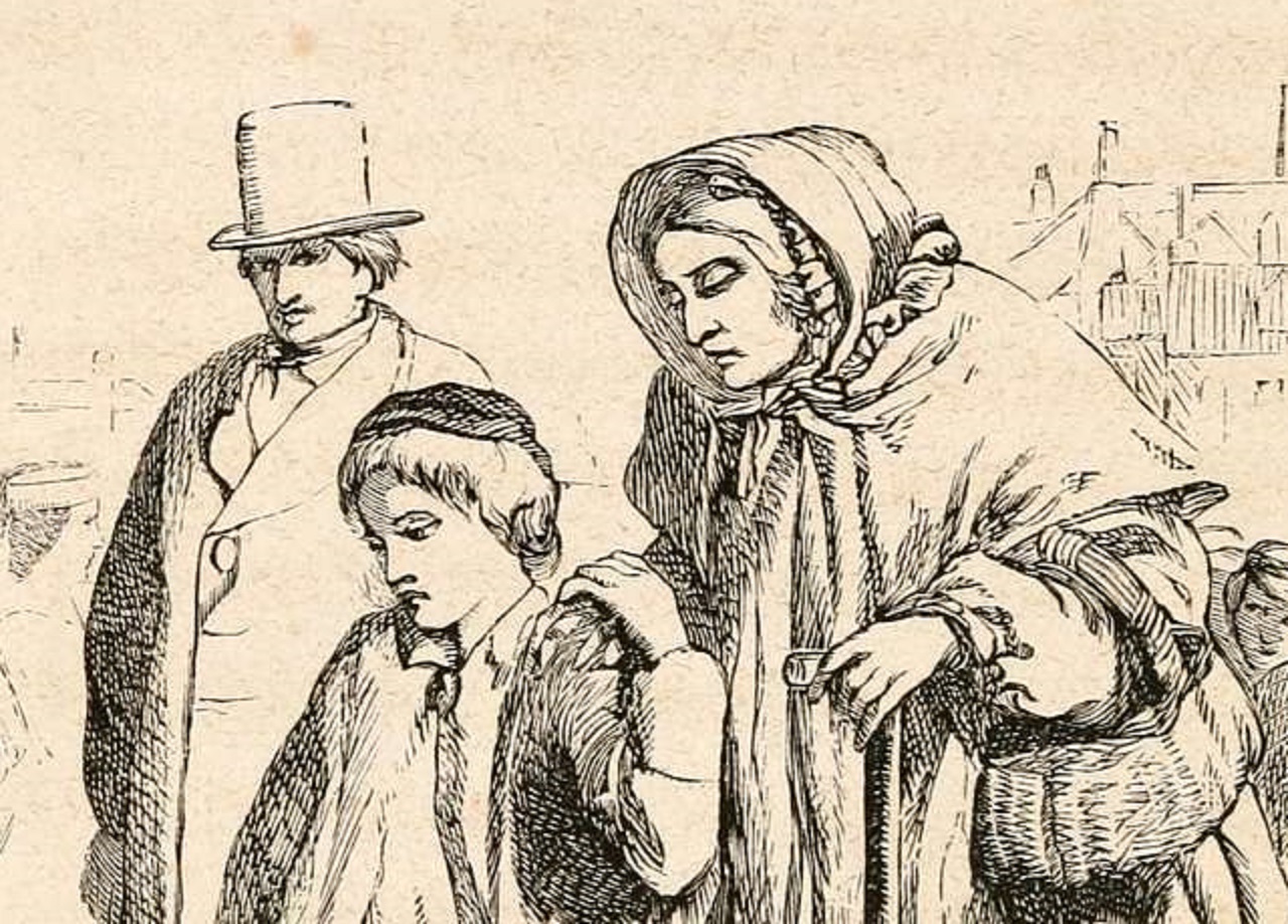 Sketch of man ,woman and child walking on the street - 1800