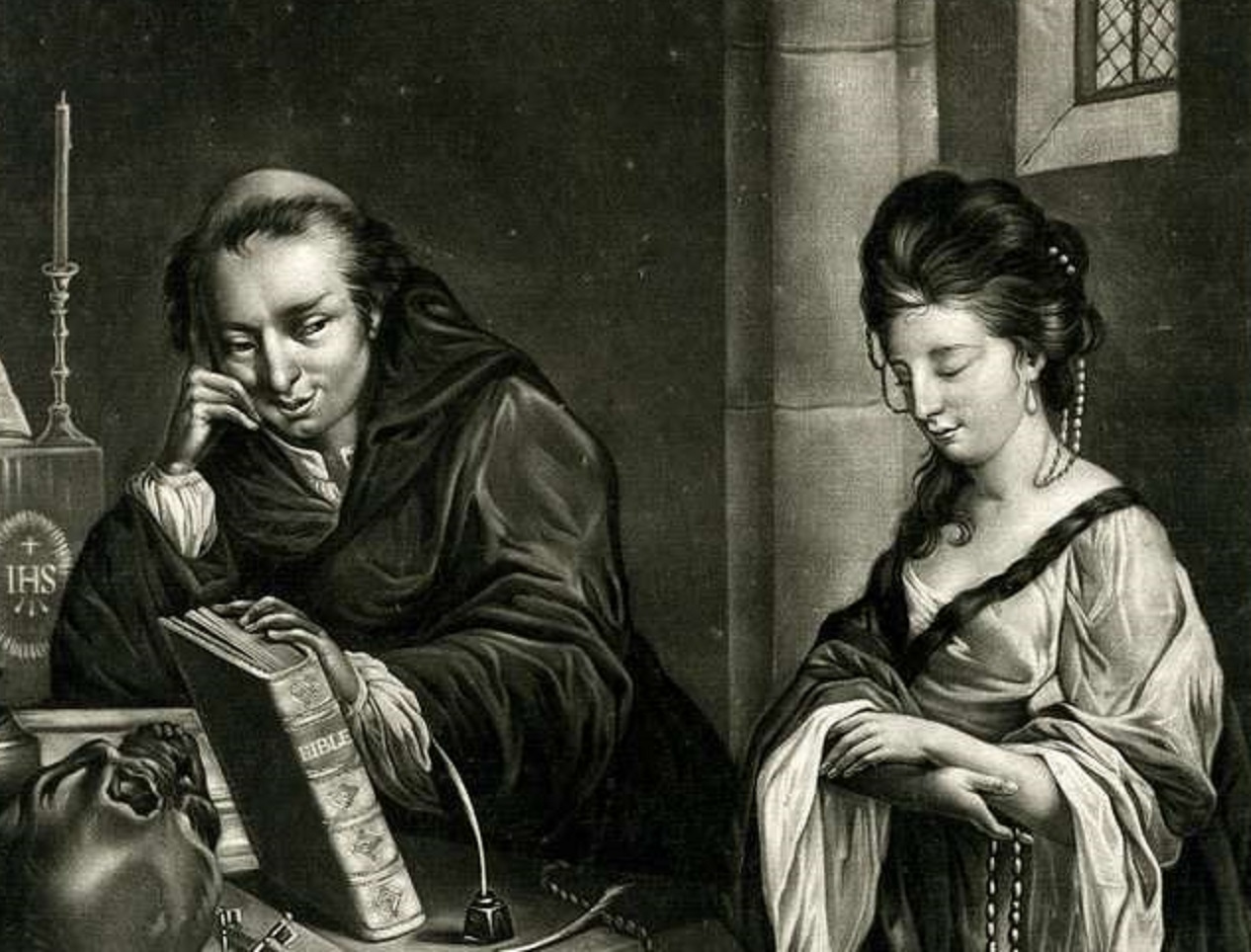 B&W image of a young lady at confession in church - 1772