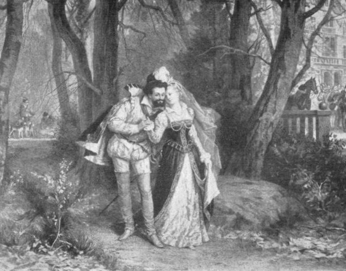 B&W image of vintage couple standing outside and talking next to a tree - 1800 - 1900