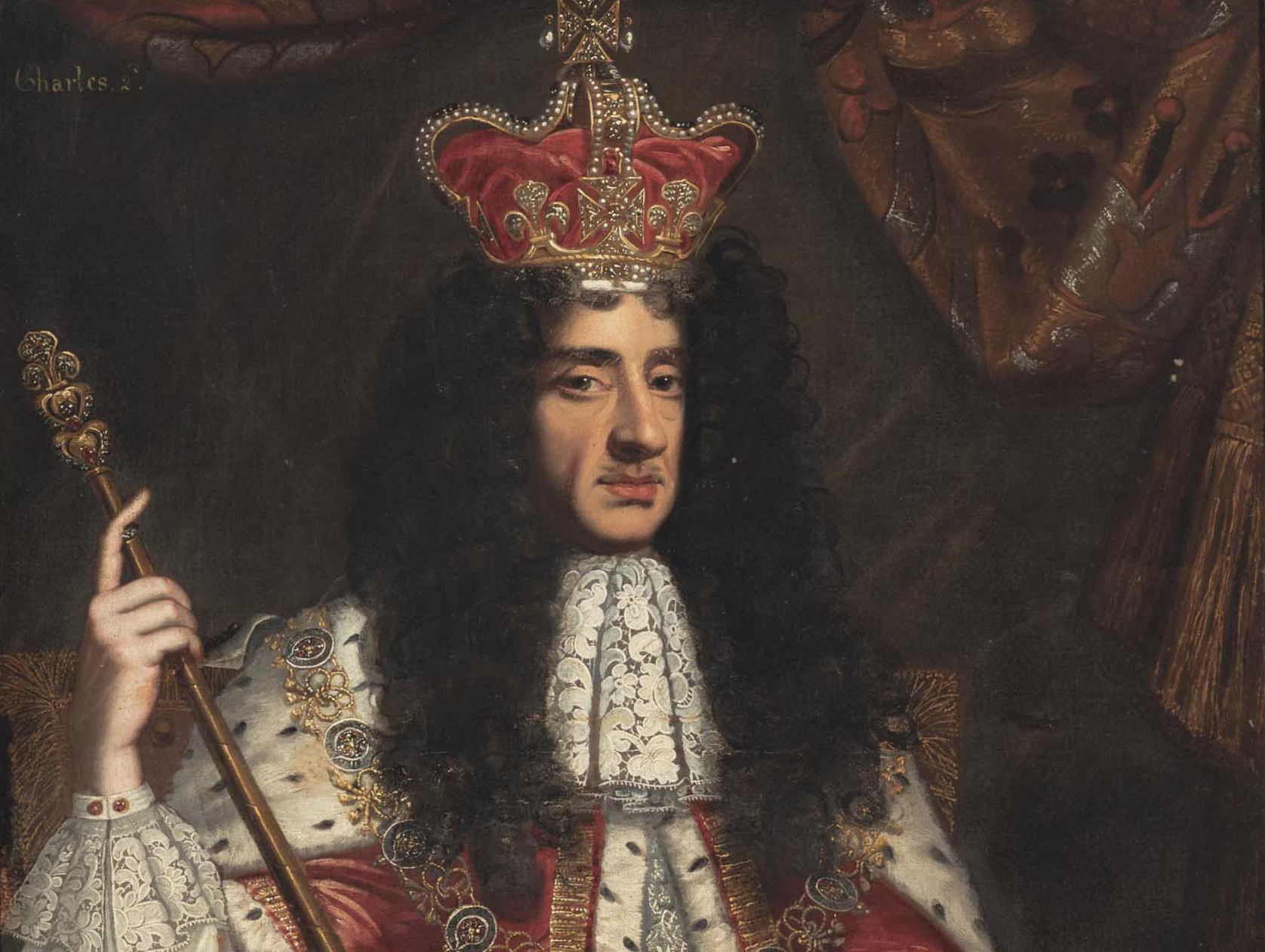 Portrait of  King Charles II of England wearing crown - 1665