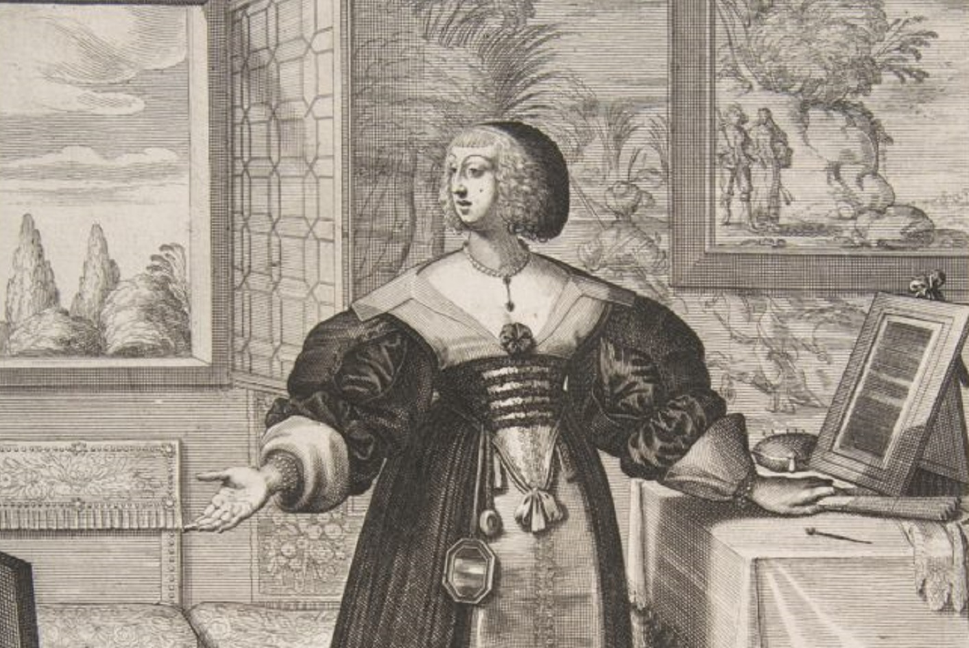 B&W image of woman wearing vintage clothes and pointing with hand - 1600 - 1699