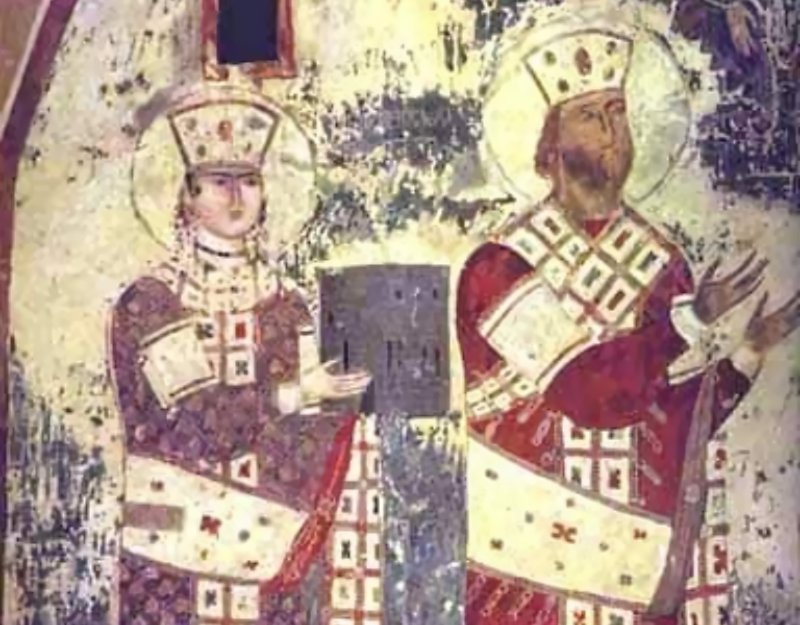 Mural from Vardzia depicting George III of Georgia and his daughter Queen Thamar.