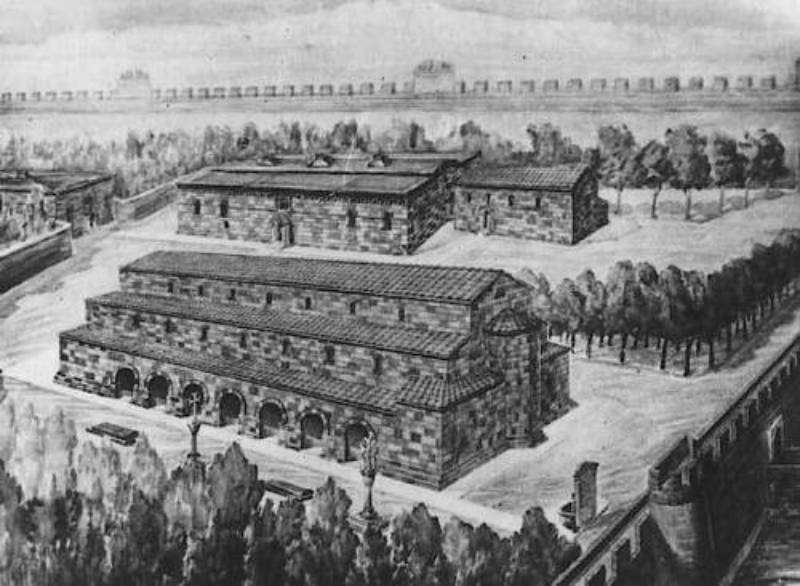 Drawing of the central square of the ancient Armenian capital city of Dvin