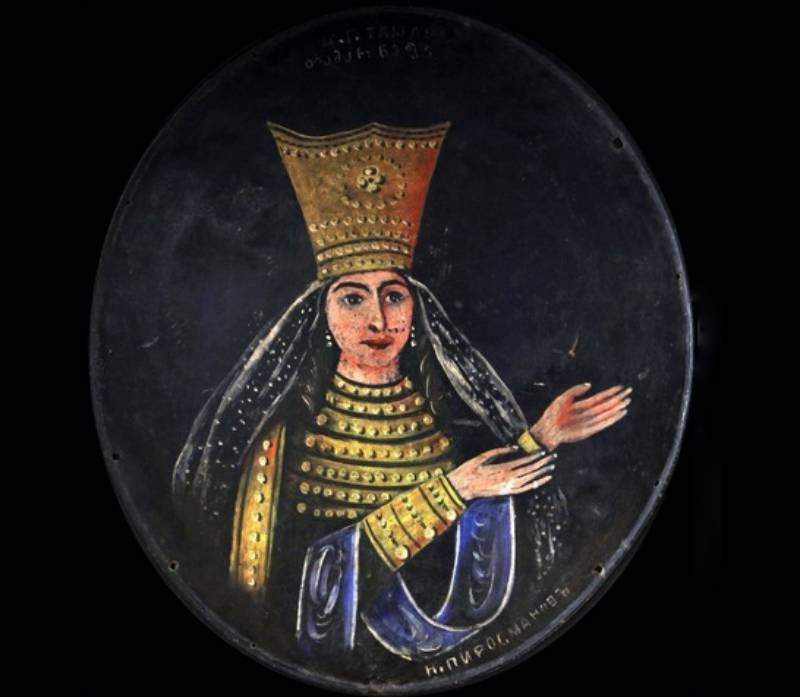 Portrait of Queen Tamar of Georgia in golden blue dress and a crown