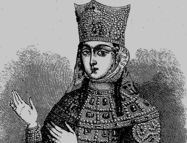 black and white portrait of Queen Tamar of Georgia wearing crown and queen robe