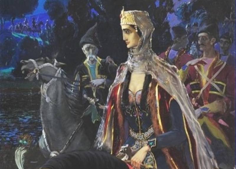 Queen Tamar from Georgia in blue and red clothes and crown riding a horse