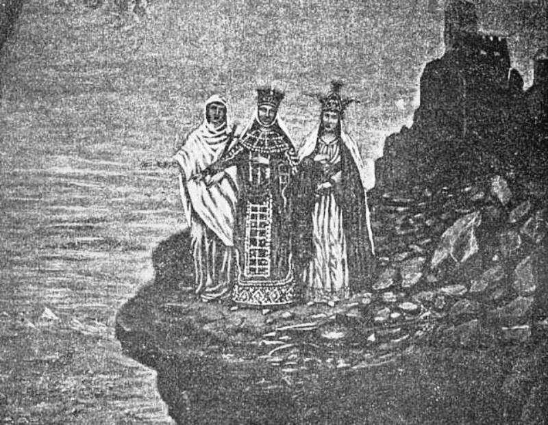 Sts Nino, Tamar and Ketevan of Georgia standing on a rock
