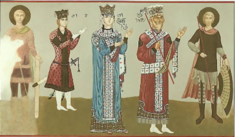 depicting George IV (left), Tamar (center), and George III (right), flanked by the warrior saints (1847).