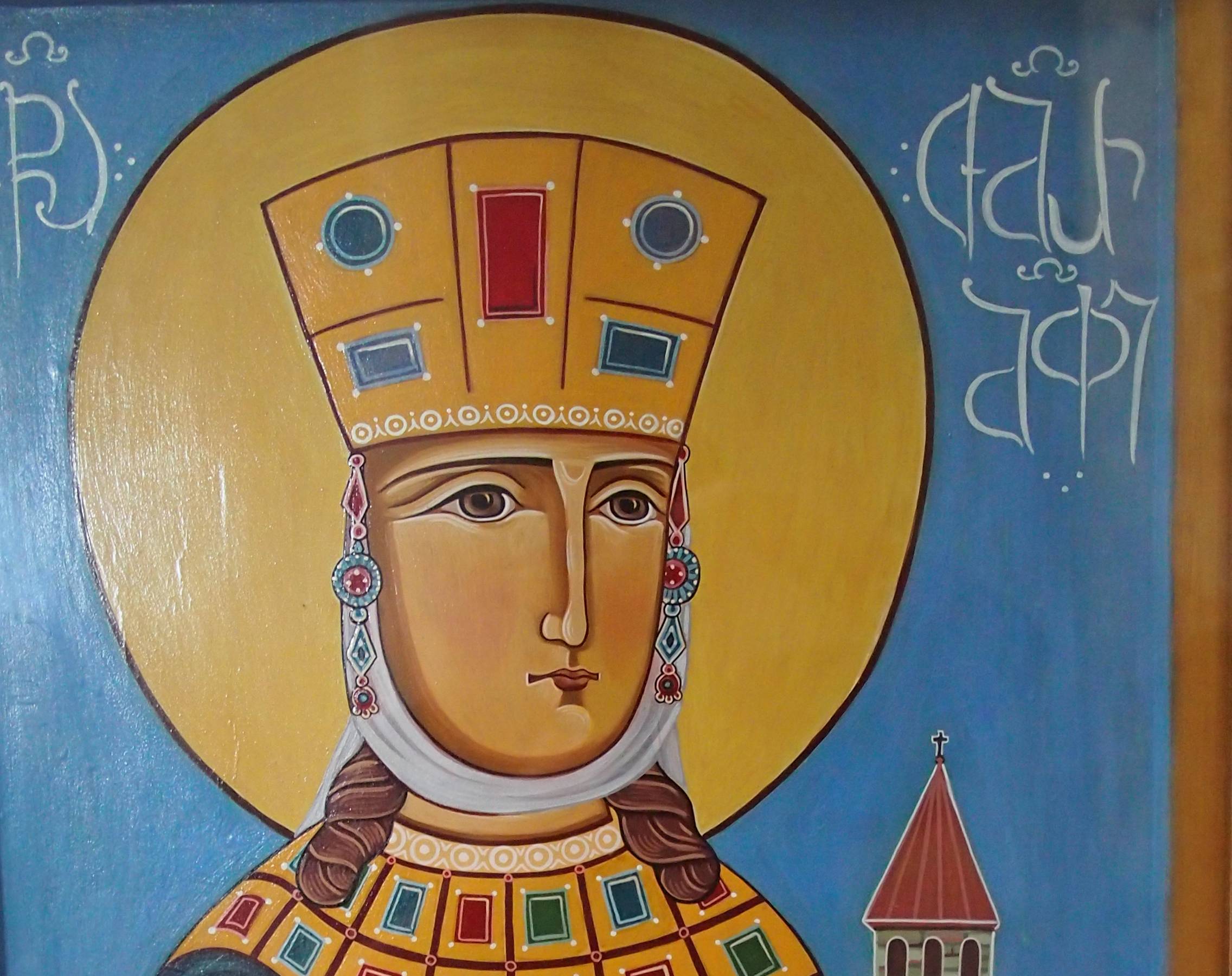 Queen Tamar of Georgia icon portrait in golden clothes