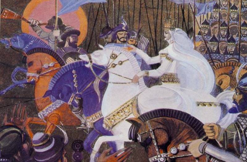 Queen Tamar on a white horse wearing white clothes and a crown